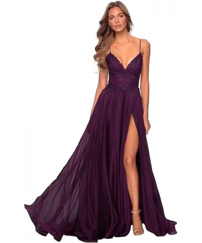 Women's Lace Appliques Prom Dresses Long V Neck Slit Evening Dress Spaghetti Straps Formal Party Gowns Plum $39.95 Dresses