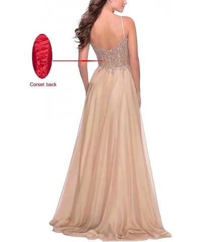 Women's Lace Appliques Prom Dresses Long V Neck Slit Evening Dress Spaghetti Straps Formal Party Gowns Plum $39.95 Dresses