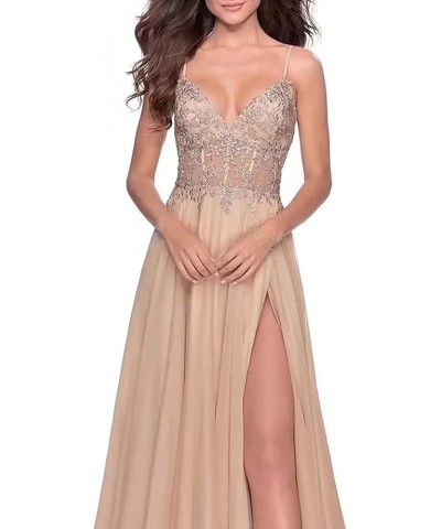 Women's Lace Appliques Prom Dresses Long V Neck Slit Evening Dress Spaghetti Straps Formal Party Gowns Plum $39.95 Dresses