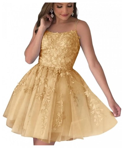 Lace Appliques Tulle Homecoming Dresses Short Spaghetti Straps Prom Cocktail Party Dresses Gold $26.09 Dresses