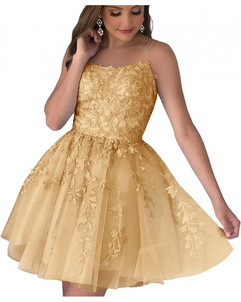 Lace Appliques Tulle Homecoming Dresses Short Spaghetti Straps Prom Cocktail Party Dresses Gold $26.09 Dresses