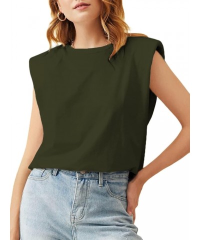 Women's Shoulder Pad Tank Tops Sleeveless Tops Casual Summer T-Shirts Army Green $10.99 Tops