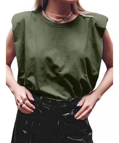 Women's Shoulder Pad Tank Tops Sleeveless Tops Casual Summer T-Shirts Army Green $10.99 Tops