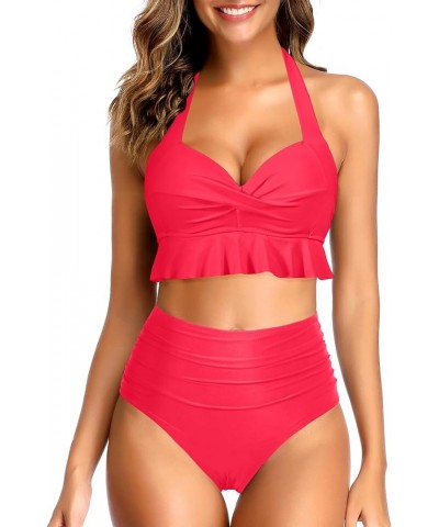 Women Two Piece High Waisted Bikini Sets Halter Push Up Swimsuits Tummy Control Bathing Suits Neon Red $20.87 Swimsuits