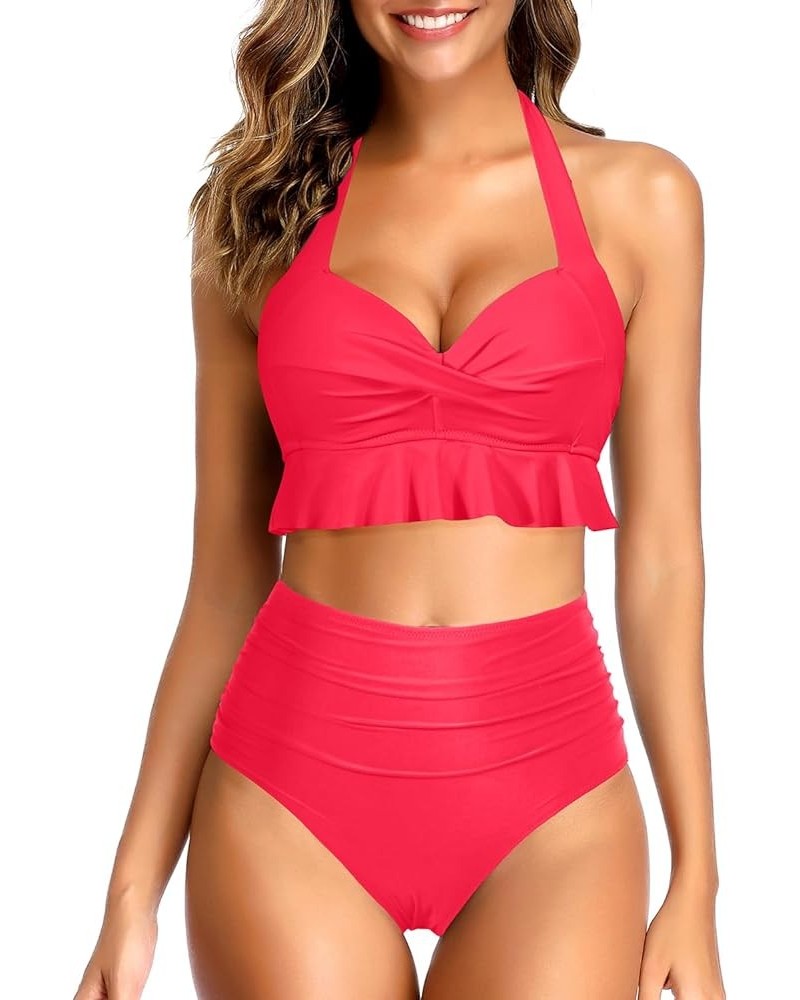 Women Two Piece High Waisted Bikini Sets Halter Push Up Swimsuits Tummy Control Bathing Suits Neon Red $20.87 Swimsuits