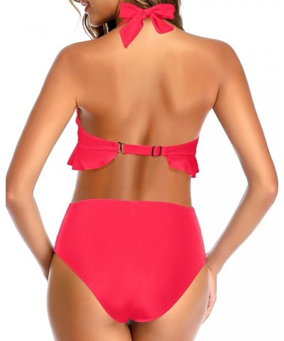 Women Two Piece High Waisted Bikini Sets Halter Push Up Swimsuits Tummy Control Bathing Suits Neon Red $20.87 Swimsuits