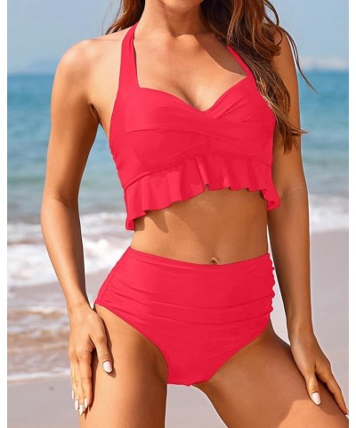 Women Two Piece High Waisted Bikini Sets Halter Push Up Swimsuits Tummy Control Bathing Suits Neon Red $20.87 Swimsuits