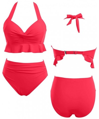 Women Two Piece High Waisted Bikini Sets Halter Push Up Swimsuits Tummy Control Bathing Suits Neon Red $20.87 Swimsuits