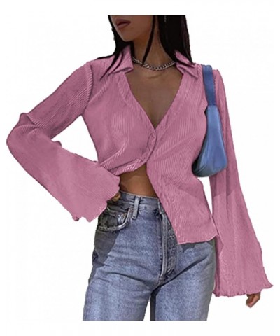 Women's Deep V Neck Shirts Bell Long Sleeve Blouse Casual Button Front Tops Pink $10.35 Blouses