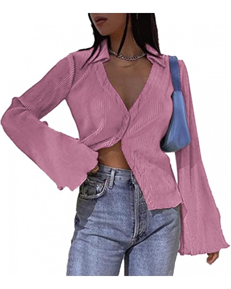 Women's Deep V Neck Shirts Bell Long Sleeve Blouse Casual Button Front Tops Pink $10.35 Blouses