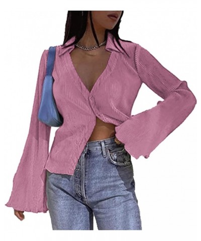 Women's Deep V Neck Shirts Bell Long Sleeve Blouse Casual Button Front Tops Pink $10.35 Blouses