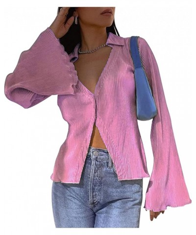 Women's Deep V Neck Shirts Bell Long Sleeve Blouse Casual Button Front Tops Pink $10.35 Blouses