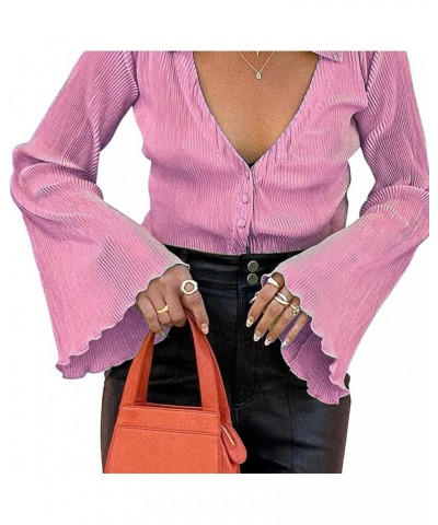 Women's Deep V Neck Shirts Bell Long Sleeve Blouse Casual Button Front Tops Pink $10.35 Blouses