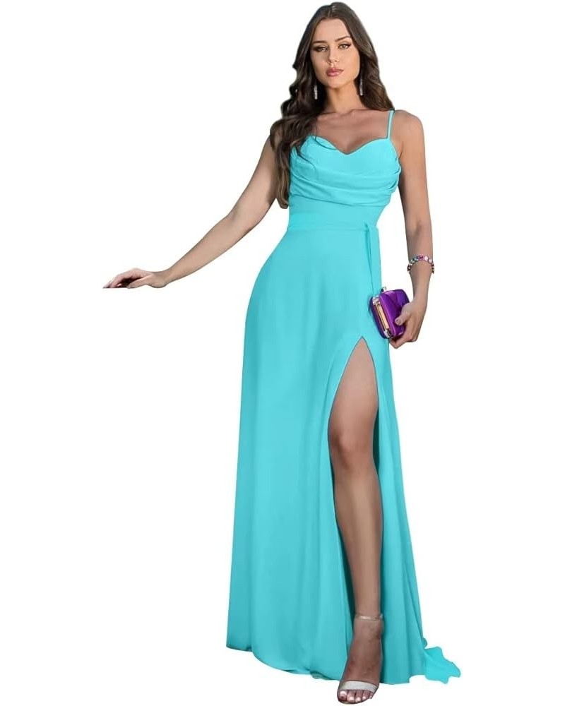 Women's Spaghetti Strap Chiffon Long Bridesmaid Dresses with Slit Cowl Neck A Line Formal Evening Gowns Turquoise $32.20 Dresses