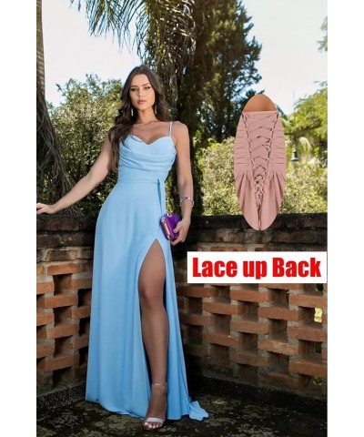 Women's Spaghetti Strap Chiffon Long Bridesmaid Dresses with Slit Cowl Neck A Line Formal Evening Gowns Turquoise $32.20 Dresses