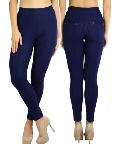 Women's Easy Pull-On Denim Skinny Fit Comfort Stretch Leggings Jeggings Full Length W/ Back Pockets - Navy $8.64 Leggings