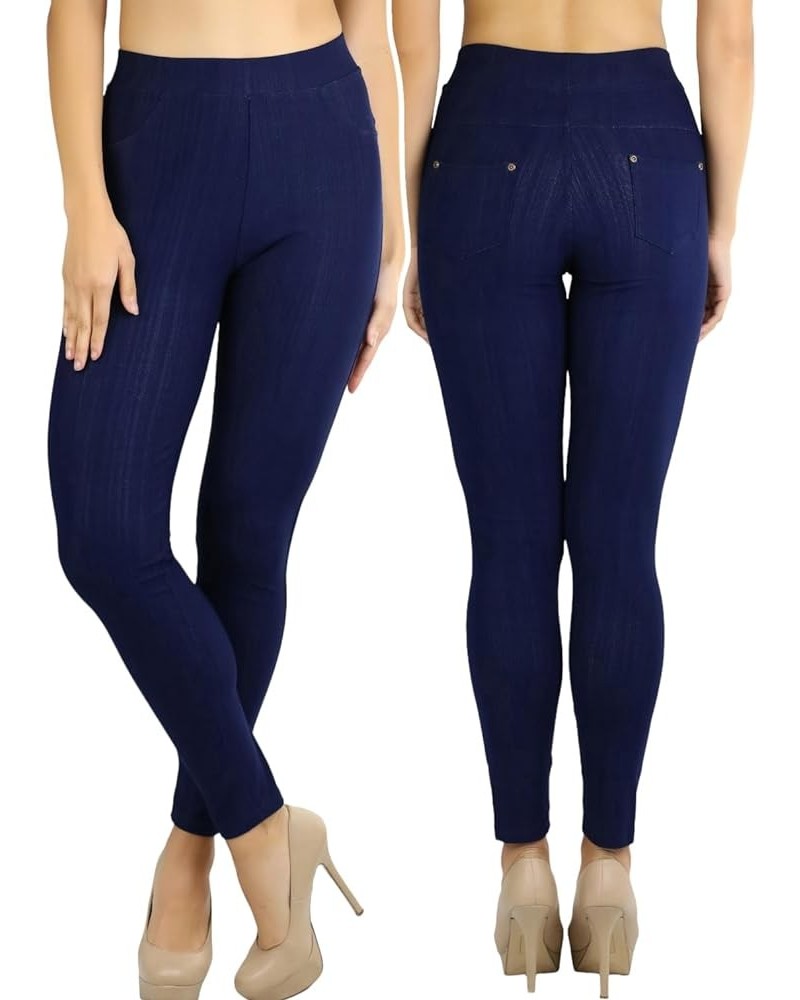 Women's Easy Pull-On Denim Skinny Fit Comfort Stretch Leggings Jeggings Full Length W/ Back Pockets - Navy $8.64 Leggings