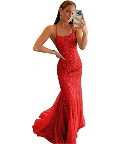 Prom Dressees Spaghetti Strap Lace Applique Tulle Mermaid Backless Bridesmaid Evening Formal Gowns Red $42.00 Dresses