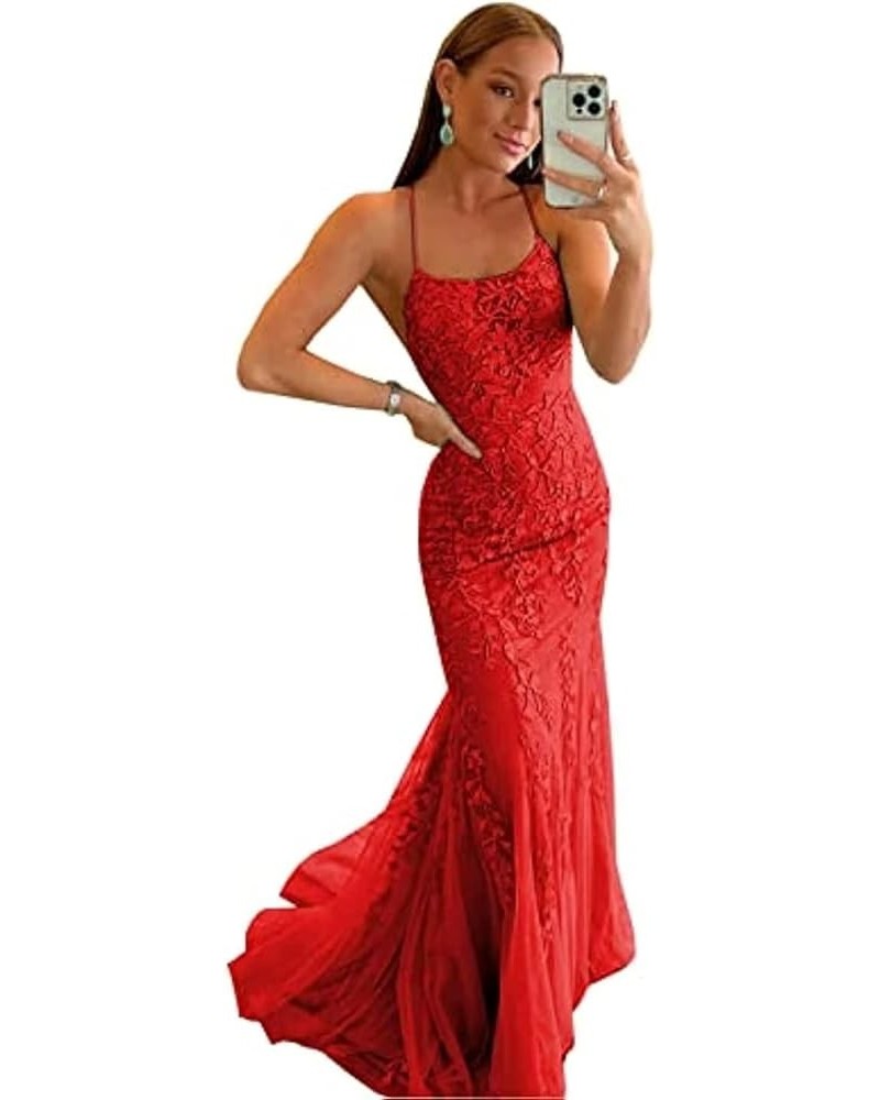 Prom Dressees Spaghetti Strap Lace Applique Tulle Mermaid Backless Bridesmaid Evening Formal Gowns Red $42.00 Dresses