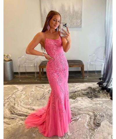 Prom Dressees Spaghetti Strap Lace Applique Tulle Mermaid Backless Bridesmaid Evening Formal Gowns Red $42.00 Dresses