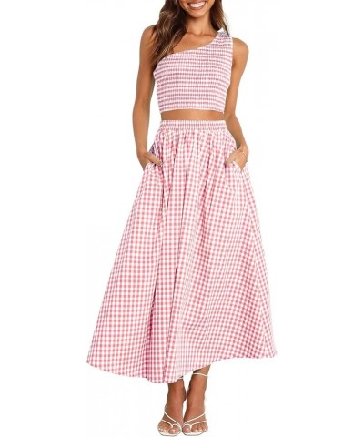 Women's 2 Pieces Outfits One Shoulder Smocked Crop Top & High Waist Long Skirt Dress Set with Pockets Plaid Pink $22.44 Suits