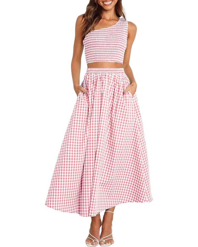 Women's 2 Pieces Outfits One Shoulder Smocked Crop Top & High Waist Long Skirt Dress Set with Pockets Plaid Pink $22.44 Suits