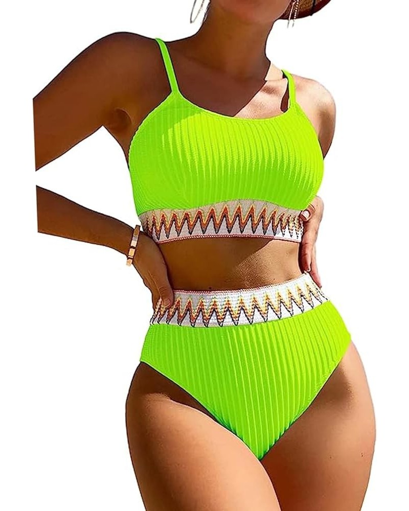 High Waisted Swimsuit Sports Ribbed Bikini Set Adjustable Shoulder Strap Two Piece Swimsuit Swimwear for Women Mint Green $15...