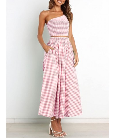 Women's 2 Pieces Outfits One Shoulder Smocked Crop Top & High Waist Long Skirt Dress Set with Pockets Plaid Pink $22.44 Suits