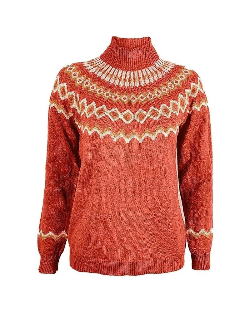 Womens Fair Isle Sweater Vintage Fair Isle Print Pullover Crewneck Knitted Long Sleeve Soft Warm Jumper Tops B03 Orange $14.3...