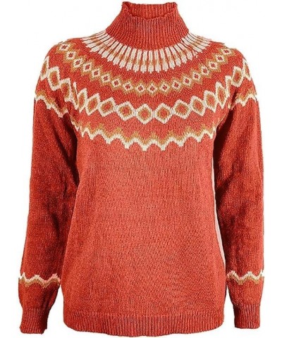 Womens Fair Isle Sweater Vintage Fair Isle Print Pullover Crewneck Knitted Long Sleeve Soft Warm Jumper Tops B03 Orange $14.3...