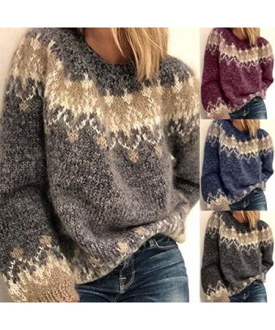 Womens Fair Isle Sweater Vintage Fair Isle Print Pullover Crewneck Knitted Long Sleeve Soft Warm Jumper Tops B03 Orange $14.3...