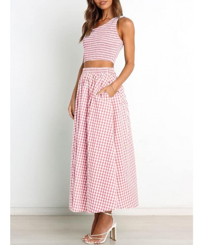 Women's 2 Pieces Outfits One Shoulder Smocked Crop Top & High Waist Long Skirt Dress Set with Pockets Plaid Pink $22.44 Suits