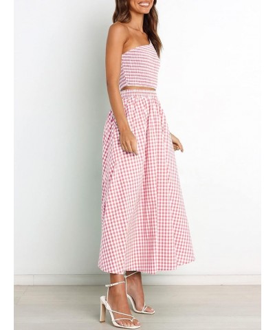 Women's 2 Pieces Outfits One Shoulder Smocked Crop Top & High Waist Long Skirt Dress Set with Pockets Plaid Pink $22.44 Suits