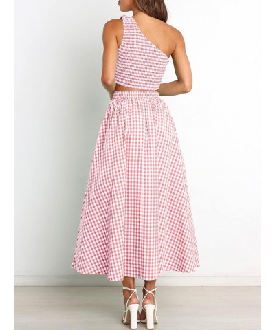 Women's 2 Pieces Outfits One Shoulder Smocked Crop Top & High Waist Long Skirt Dress Set with Pockets Plaid Pink $22.44 Suits