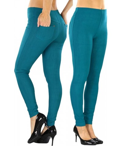 Women's Easy Pull-On Denim Skinny Fit Comfort Stretch Leggings Jeggings Full Length Back Pockets - Spruce Blue $8.64 Leggings