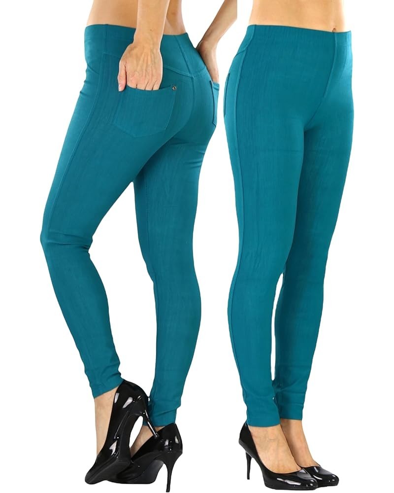 Women's Easy Pull-On Denim Skinny Fit Comfort Stretch Leggings Jeggings Full Length Back Pockets - Spruce Blue $8.64 Leggings