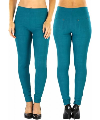 Women's Easy Pull-On Denim Skinny Fit Comfort Stretch Leggings Jeggings Full Length Back Pockets - Spruce Blue $8.64 Leggings