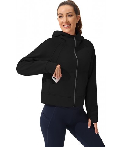 Women's Hoodie Full-Zip Long-Sleeve Sweatshirt fleece lined cropped zip up hoodie Workout Casual Jacket with Pockets Black $1...