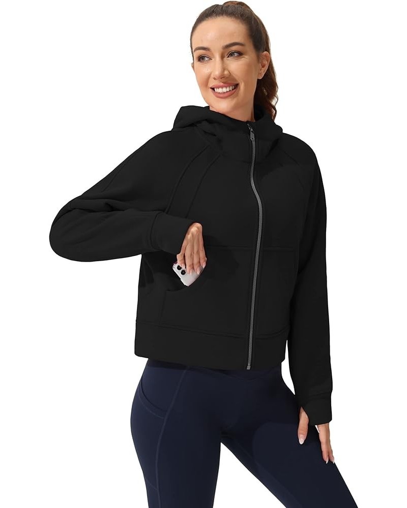 Women's Hoodie Full-Zip Long-Sleeve Sweatshirt fleece lined cropped zip up hoodie Workout Casual Jacket with Pockets Black $1...