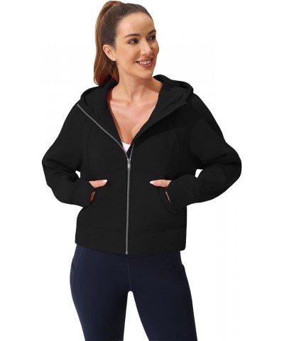 Women's Hoodie Full-Zip Long-Sleeve Sweatshirt fleece lined cropped zip up hoodie Workout Casual Jacket with Pockets Black $1...