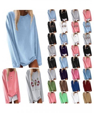 Women's Casual Long Sleeve Fall Tops Oversized Ribbed T-Shirt Thin Sweatshirt Cute Crewneck Pullover Graphic Tops A5-blue $5....