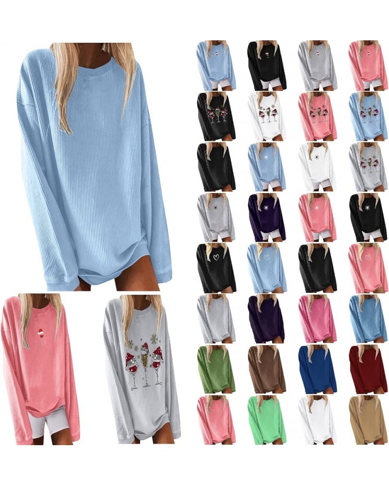 Women's Casual Long Sleeve Fall Tops Oversized Ribbed T-Shirt Thin Sweatshirt Cute Crewneck Pullover Graphic Tops A5-blue $5....