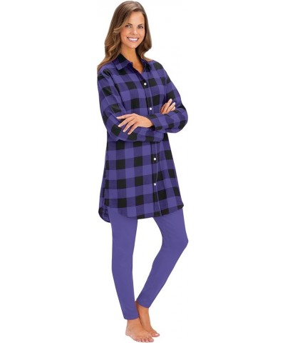 Plaid Flannel Button-Down Tunic and Knit Leggings - Comfy Casual Outfit Set Purple $23.96 Leggings