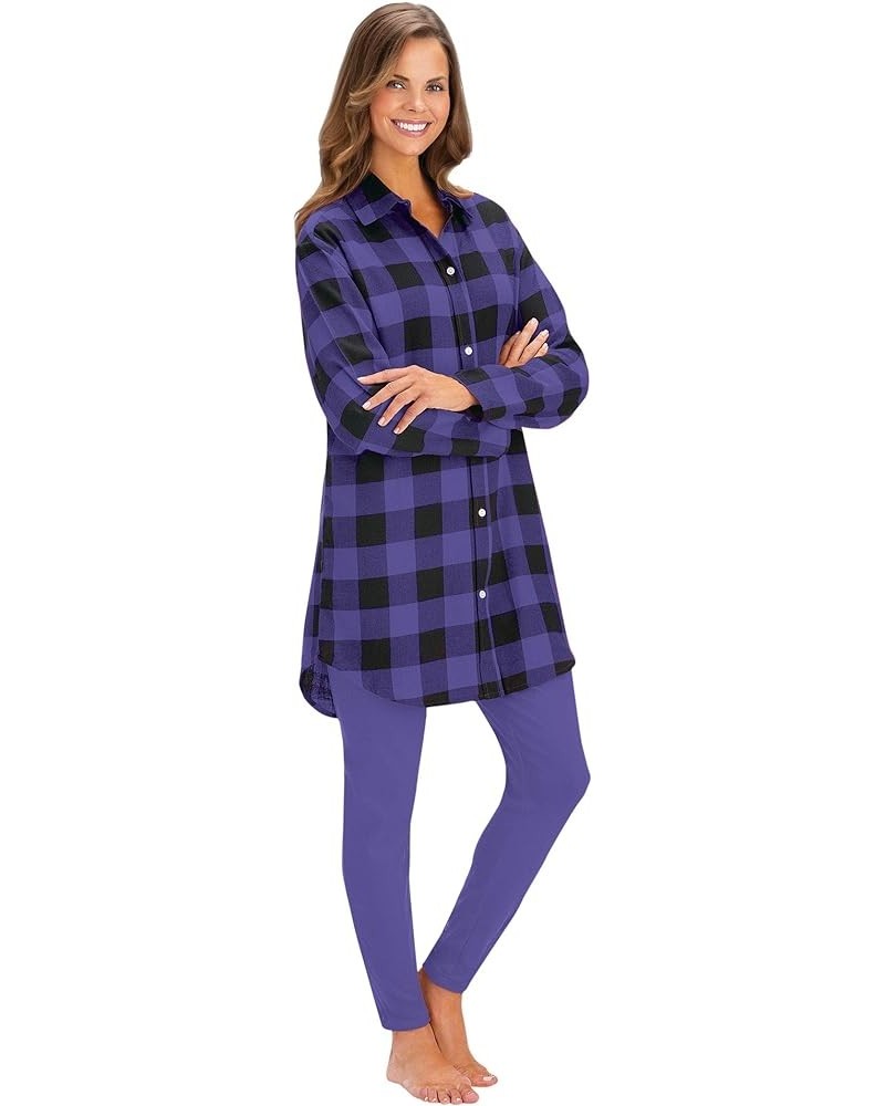 Plaid Flannel Button-Down Tunic and Knit Leggings - Comfy Casual Outfit Set Purple $23.96 Leggings