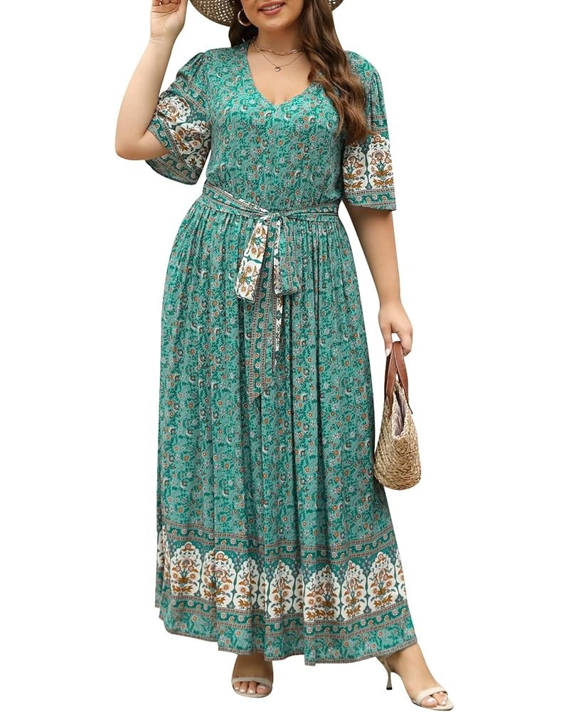 Womens Plus Size Boho Floral Positioning Print Casual Flared Maxi Dress with Pocket NEM422 Green Print $19.35 Dresses