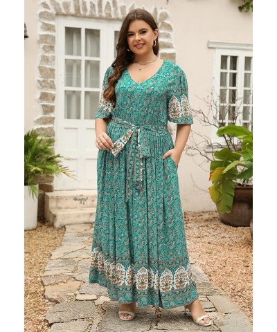 Womens Plus Size Boho Floral Positioning Print Casual Flared Maxi Dress with Pocket NEM422 Green Print $19.35 Dresses