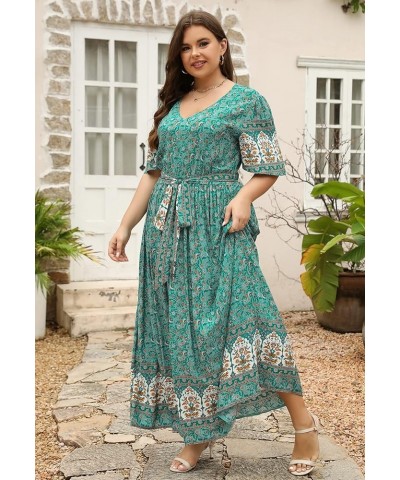 Womens Plus Size Boho Floral Positioning Print Casual Flared Maxi Dress with Pocket NEM422 Green Print $19.35 Dresses