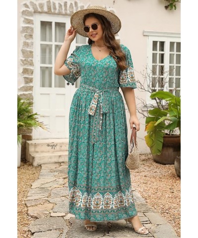 Womens Plus Size Boho Floral Positioning Print Casual Flared Maxi Dress with Pocket NEM422 Green Print $19.35 Dresses