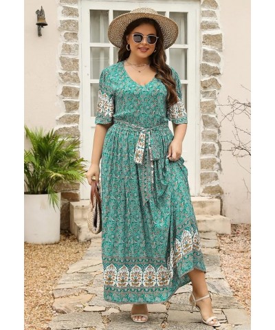 Womens Plus Size Boho Floral Positioning Print Casual Flared Maxi Dress with Pocket NEM422 Green Print $19.35 Dresses