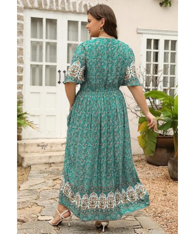 Womens Plus Size Boho Floral Positioning Print Casual Flared Maxi Dress with Pocket NEM422 Green Print $19.35 Dresses